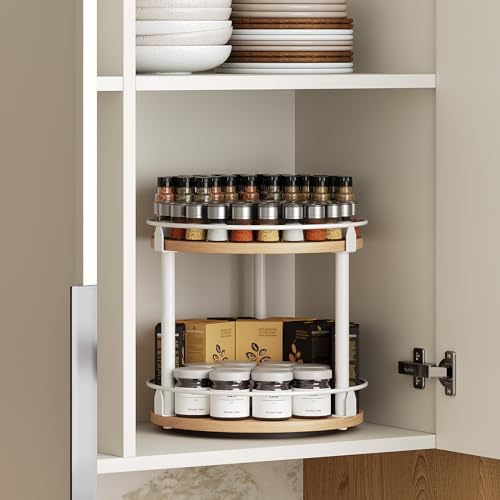 YATINEY Lazy Susan Organizer, Rotating Spice Rack, 2 Tier Spice Turntable Organizer, Industrial Turntable Spice Holder, for Kitchen Countertop, Compact and Versatile, White and Natural SR22WN - color: White + Natural, size: 10.2"L x 10.2"W x 11"H