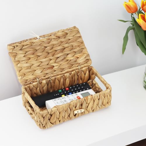 Small Basket with Lid, Wicker Storage Basket for Organizing, Rectangular Woven Basket for Storage, Water Hyacinth Decorative Boxes Bins with Lids (9" x 5.1" x 3") - size: 9" x 5.1" x 3"
