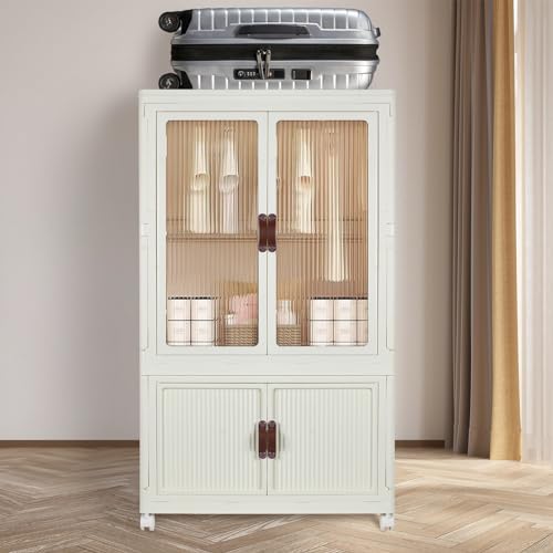 FozsKeylf Stackable Closet Storage Bins, Collapsible Clothes Organizers, Portable Wardrobe Closet with Lids and Doors, Movable Clothes Storage with Coat Hangers, White