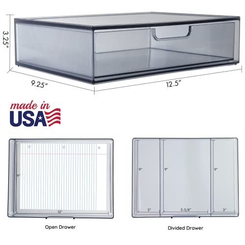 STORi STAX Plastic Stackable Organizer Drawers (Set of 2) Classic Grey | 12.5" Wide | Set Includes One Open Drawer & One Divided Drawer | Organize Office Desk Accessories & Sort Paper | Made in USA - color: Grey, size: Open/Divided 2pk