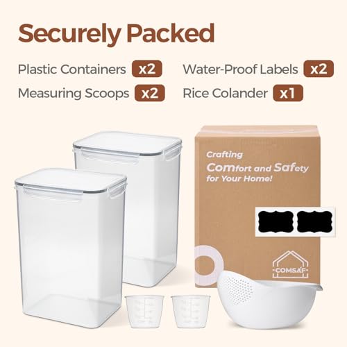 ComSaf Rice Container Set of 2(9.5L/10Qt), Large Airtight Food Storage Containers with Lid and Rice Washer, Plastic Canisters Sets for The Kitchen, Pantry Organizers for Flour, Cereal and Cooking - size: 10Qt-Rectangle