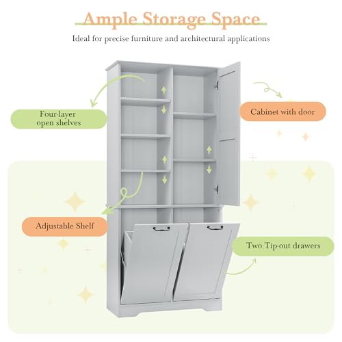 Merax Cabinet with Tilt-Out Laundry Hamper Basket, Tall Bathroom Storage Organizer Linen with Open Shelf for Home, Freestanding, Gray - color: Grey