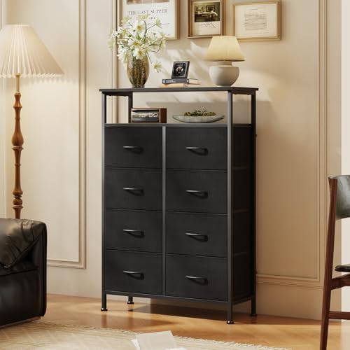 DUMOS Fabric Dresser for Bedroom with 8 Drawers, Tall 8-Drawer Chest of Drawers with Raised Shelf, Storage Tower with Fabric Bins for Closet Organization, Hallway Storage, Ink - color: Ink, size: 31.5"D x 45.9"W x 11.8"H (8 Drawers)