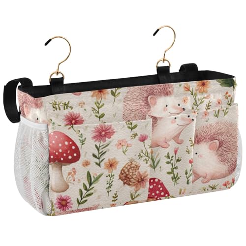 Bedside Caddy Metal Frame Hanging Organizer Bunk Bed Dorm Accessories Hook And Loop Storage Bag Large Pockets Cute Hedgehogs Mushroom Pink - color: Cute Hedgehogs Mushroom Pink