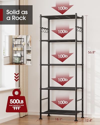 Sakugi Storage Shelves - 5-Tier Large Capacity Shelf Organizer with Hooks, Heavy-Duty Garage Shelving with Leveling Feet, Wobble-Free Rack for Bedroom, Balcony, Garage, 18.1"×12.4"×56.8", Black - color: Black, size: 18.1W×12.4D×56.8H(5T)