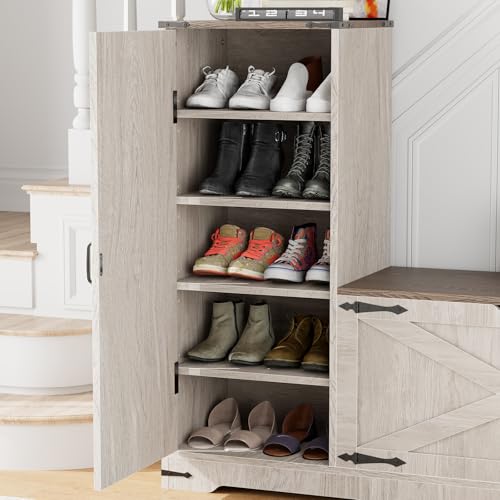 GOODONE 52"Farmhouse Shoe Cabinet with Bench, L-shaped Shoe Storage Bench with Umbrella Stands, Tall Shoe Organizer Cabinet with Adjustable Shelves for Entryway, Living Room, and Stairwell(Brown Gray) - color: Brown and Gray