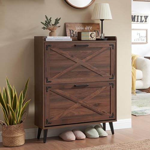 Barnyatoh Shoe Storage Cabinet,Farmhouse Shoe Organizer with 2 Flip Drawers & Barn Door Design,Freestanding Hidden Slim Narrow Shoe Rack Cabinet for Entryway,Foyer,Hallway,Walnut - color: Walnut, size: 2-Drawers