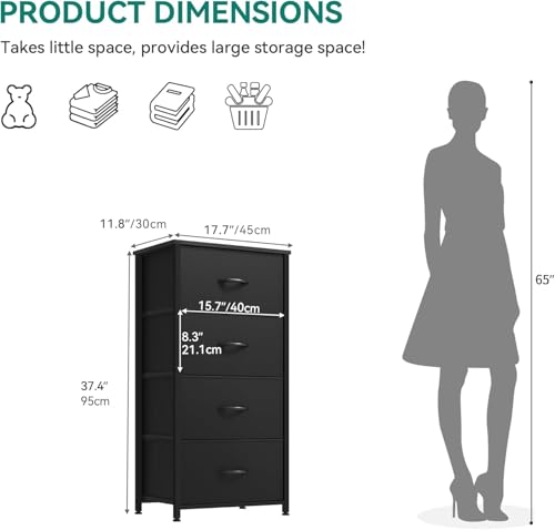 DWVO Storage Tower with 4 Drawers - Fabric Dresser, Organizer Unit, Living Room, Closets - Sturdy Steel Frame, Easy Pull Fabric Bins & Wooden Top - color: Cool Black, style: 4-Drawer