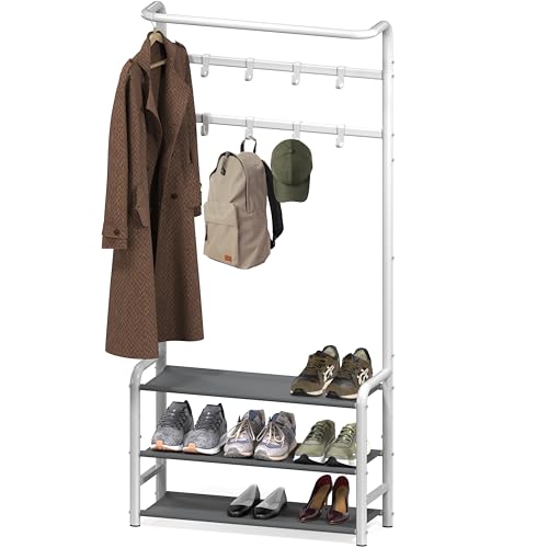 Simple Houseware Space-Saving Coat Rack with Storage Shelf, Black Freestanding Hall Tree Organizer with Hooks for Entryway, Bedroom, Office, Coats, Hats, Jackets, Scarves - White - color: White