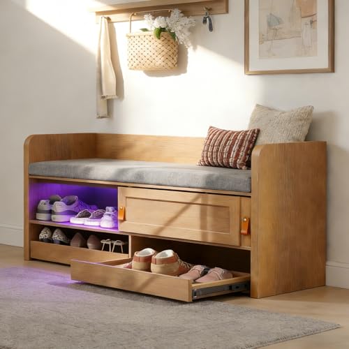 STO’Sense 47" Shoe Storage Bench with Cushion, Entryway Bench with UV Light & Backrest, Farmhouse Shoe Cabinet Bench with 2 Sliding Doors & 2 Pop-Out Drawers for Bedroom End of Bed, Hallway (Oak)