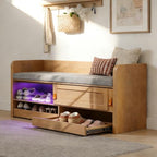 STO’Sense 47" Shoe Storage Bench with Cushion, Entryway Bench with UV Light & Backrest, Farmhouse Shoe Cabinet Bench with 2 Sliding Doors & 2 Pop-Out Drawers for Bedroom End of Bed, Hallway (Oak)