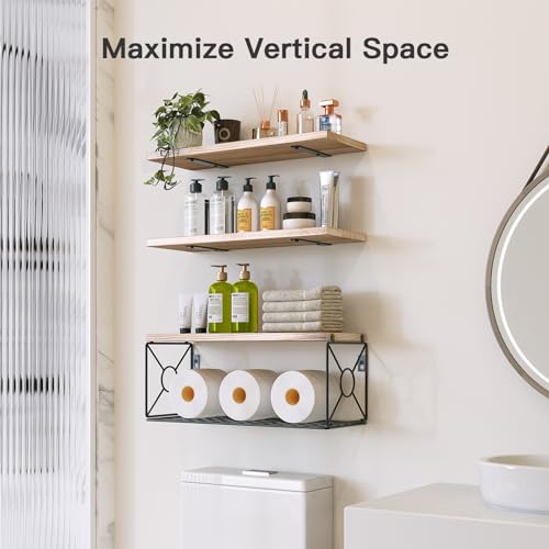 Amada Bathroom Shelves Over Toilet with Storage Basket, Floating Wall Shelf for Home Organization & Wall Decor, Bathroom/Kitchen/Living Room Shelves–Natural Wood - color: Natural Wood