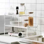 13"-24" L Expandable Cabinet Shelf Rack Set of 2, Stackable Kitchen Countertop Cupboard Organizers and Pantry Storage Shelves - color: White