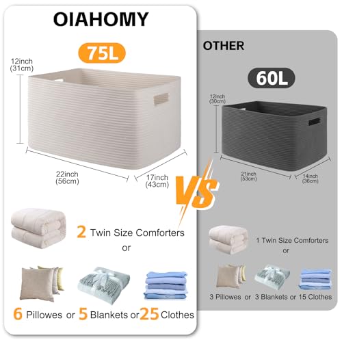 OIAHOMY 75L Large Blanket Basket, Woven Cotton Rope Baskets for Organizing, 22”x17”x12”, Blanket Basket living Room, Bedroom, Nursery, Dog Toy Storage Bins, White - color: White, size: 22”x17”x12”