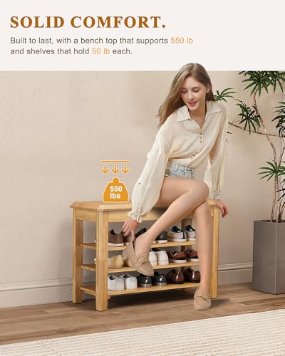 IUNVR Shoe Rack Bench Seat Rubberwood 3-Tier Wooden Storage Bench 550lbs Compact Mid-Century Modern Design for Entryway, Hallway, Closet, Front Door Entrance, Foyer - color: Natural-3 Tier(wood), size: 31.5"W x 11.8"D x 20.5"H