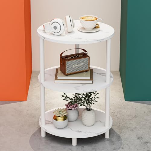 Round Pedestal End Table - 3-Tier Oval Accent Table for Small Spaces, Rustic Wood and Metal Couch Side Table, Nightstand for Bedroom or End Table Living Room, Easy to Assemble, Marble White - color: Marble White, size: 1-Pack, style: Without Power Outlets