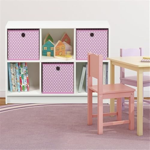 Furinno BASIC Book Shelf, 6-Cube Bookshelf with Open Shelf, 3 x 2 Bookcase with Storage Bins, Closed Back, Horizontal, 11.9 x 31.6 x 23.6, for Living Room, Bedroom, Home Office, White/Pink - color: White/Light Pink, size: 6-Cube with Bin