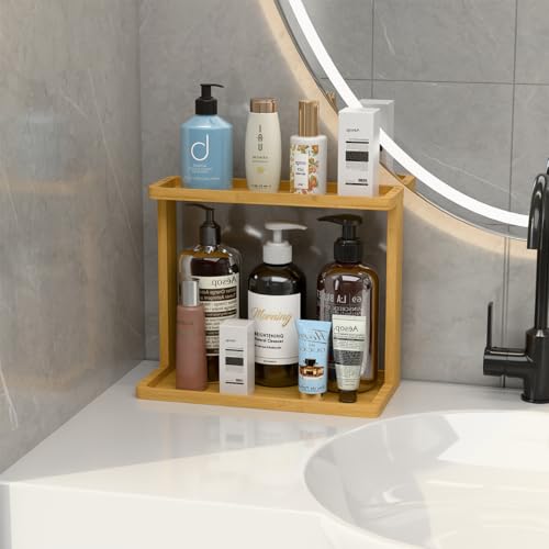 PEKER Bamboo Bathroom Organizer Countertop – Small Vanity Storage Shelf for Makeup, Perfume, Skincare – Natural Cosmetics Display Rack for Dresser, Sink, Kitchen – Natural - color: Natural Bamboo