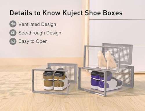 Kuject X-Large Shoe Storage Boxes Organizers Clear Plastic Stackable 12 Pack, Shoe Rack & Holder Substitute, Sneaker Containers, Toy Storage Organizer Bins for Entryway, Closet, Under Bed, Grey - color: Grey, size: X-Large