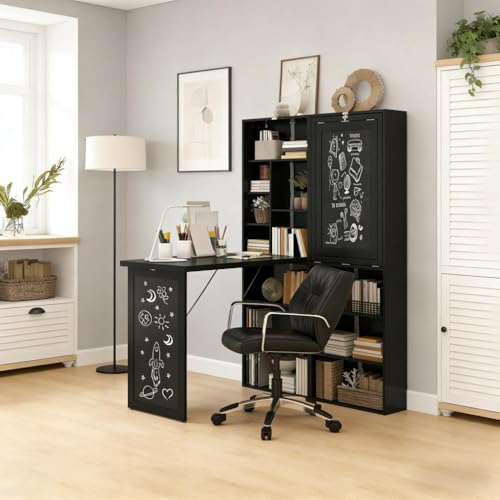 Foldable Wall Mounted Desk with Storage Shelves, Fold Out Convertible Computer Table with Blackboard, Folding Writing Table Workstation for Small Spaces,Home Office (Black) - color: Black
