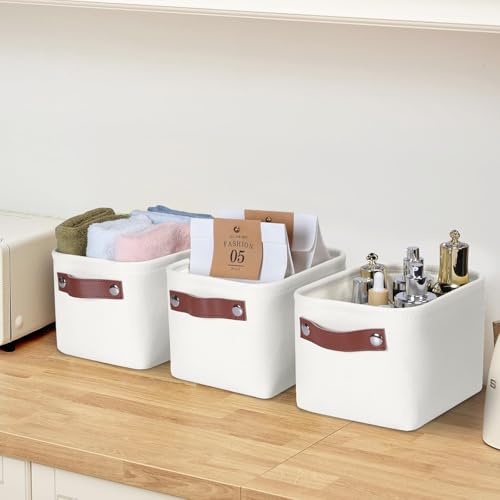 Kntiwiwo Small Fabric Storage Bins, 7.8x6.7x5.9 inch Mini Storage Cubes 4-Pack Storage Basket for Makeup Collapsible Fabric Storage Organizer with Handles, Decorative Basket for Desk, Shelves, White - color: White, size: 7.9" x 6.7" x 6"
