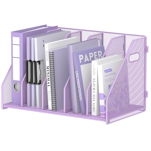 SUPEASY Binder Organizer, Magazine File Holder with 5 Vertical Compartments Rack, Metal Desk File Organizer & Binder Holders, Magazine Organizers for Office Desktop, Home, School, Classroom (Purple) - color: Purple, size: 5Rack