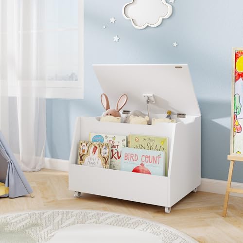 Costzon Kids Toy Box, Wooden Mobile Toy Storage Organizer with Bookshelf & Lockable Wheels for Girls Boys, Toy Storage Chest Bench for Toddler Room, Playroom, Bedroom, Living Room, Nursery - color: White, style: Classic