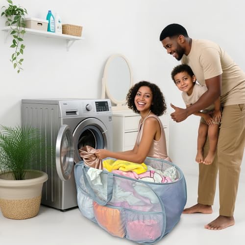 Collapsible Laundry Baskets 2 Pack, Mesh Pop Up Hamper with Handles, Portable Stair Basket, Dorm or Room Folding Bin, Dirty Clothes Hamper Light Breathable. Grey. 2H - color: Grey, size: 2-Pack Horizontal