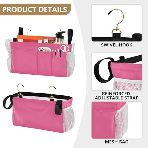 Neon Rose Red Bedside Caddy Storage Bag Bedside Organizer for Dorm Room Top Bunk Bed Hanging Bag Bedside Shelf 6 Pockets with Hooks for Magazine Water Bottle Holder - color: Neon Rose Red