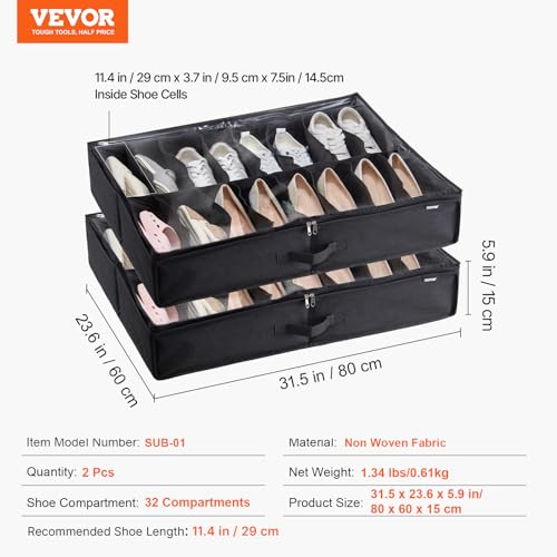VEVOR Under Bed Shoe Storage Organizer, Set of 2, Total 32 Compartments, Underbed Shoes Closet Storage Solution with Clear Window, Breathable, Foldable Fabric Container Box with Reinforced Handles - color: Black, size: 31.5"L x 23.6"W x 5.9"H