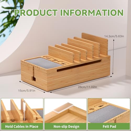 Pezin & Hulin Cell Phone Charging Station for Multi Devices, All in One Desktop Charger Organizer, with Power USB Charge Adapter and 6 Cables, Use As Power Strip Hidden Box -Natural Bamboo Color - color: Natural