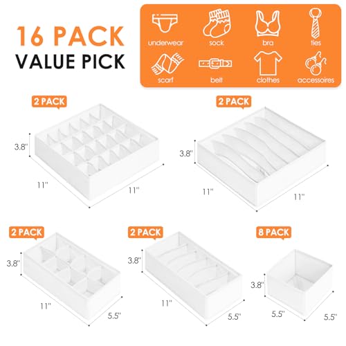 Criusia Drawer Organizer Clothes, 16 Pack Dresser Organizer Bins for Baby Clothes, Underwear Sock, Fabric Closet Organization and Storage Dividers for Nursery Bedroom (96 Compartments, White) - color: White, size: 16 Pack