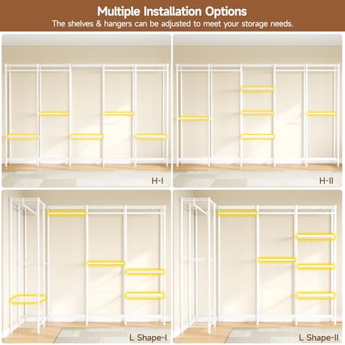 ONBRILL F5 Extra Large Industrial Pipe Clothing Rack, Freestanding Portable Closet Organizer System with Shelves & Hanging Rods, 88.6'' Wide Heavt Duty Clothes Rack, Max Load 1300lbs, White - color: White