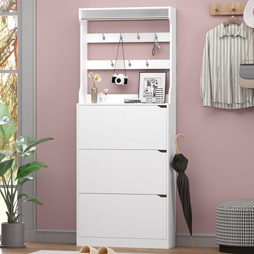 BORNOON Shoe Cabinet with 3 Flip Drawers & Coat Rack, Narrow Hidden Shoe Storage Cabinet, 2-in-1 Hall Tree Slim Freestanding Shoe Rack Organizer for Entryway, Hallway, and Living Room - color: White, size: 3-Drawer with Rack