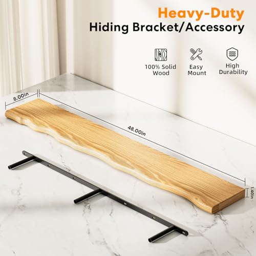 Floating Shelves for Wall Rustic Farmhouse 48 Inch Floating Shelf Bathroom Wooden Shelves for Wall Mounted Live Edge Pine Shelf with Unique Natural Grain for Living Room Bedroom Kitchen (Natural) - color: Natural, size: 48 inch - 1pc