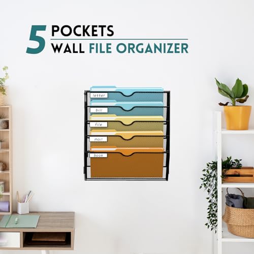 SUPEASY 5 Tier Wall File Organizer, Hanging Wall Mounted Mail Organizer with Label Slots, Metal Mesh File Holder Magazine Rack for Office, Home, School or Classroom, Black - color: Black, size: 5-Tier