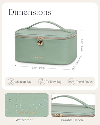 Prite Makeup Bag, Large Capacity Portable Travel Cosmetic Bag, Waterproof Makeup Organizer for Women with Handle and Divider (001 Green) - color: 001 Green
