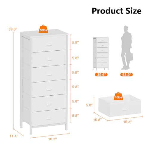 Furnulem White Tall Dresser for Bedroom,Vertical Storage Tower Unit and End Table with 6 Fabric Drawers, Nightstand Furniture with Drawer Organizer in Living Room,Closet,Entryway,Hallyway - color: White, size: 11.5"D x 16"W x 39.6"H (6 Drawers)