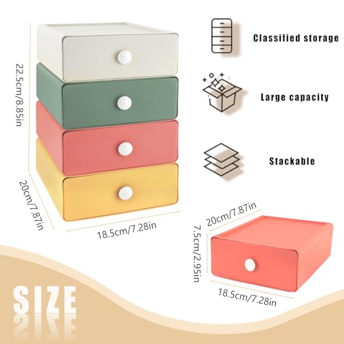 RETON 4 PCS Desktop Storage Drawers, Stackable Desk Organizer with Drawers, Large Capacity Desktop Storage Box for Office, School, Room, Dorm, Bathroom (4 Colors)