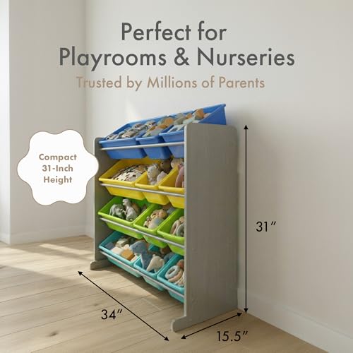 Humble Crew Toy Storage Organizer with 12 Removable Storage Bins for Kids Playroom, 4-Tier Toddler Toy Organization, Grey/Blue/Green/Yellow - color: Grey/Blue/Green/Yellow