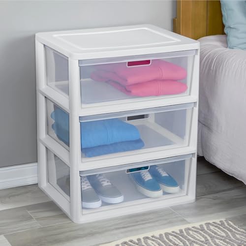 Plastic Drawer Wide Tower Plastic Storage Cart with Clear Pull Out Drawers, Black (White, 3 Drawer Wide Tower Broad) - color: White