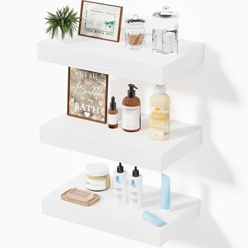 Floating Shelves, White Wooden Set of 3 Wall Mounted Bathroom Shelves Over Toilet, Modern Small Hanging Shelves for Bedroom Living Room Kitchen Home Decor Storage, 12" x 7" x 1.5" - color: White, size: 12"(set of 3)