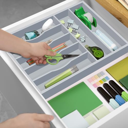 ROYAL CRAFT WOOD Luxury Bamboo Kitchen Drawer Organizer - Silverware Organizer - Utensil Holder and Cutlery Tray with Grooved Drawer Dividers for Flatware and Kitchen Utensils (7 Slot, Gray) - color: Gray, size: 7 Slot