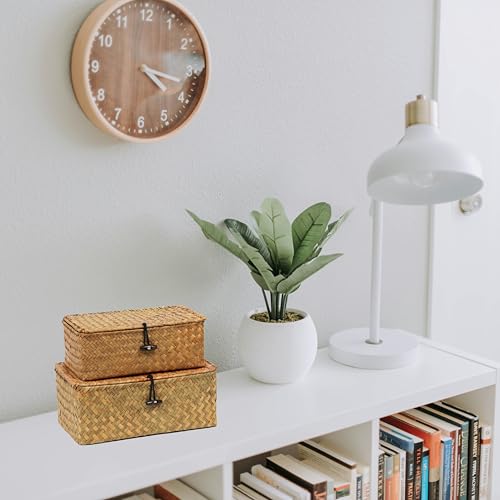Set of 2 Wicker Basket with Lid, Seagrass Woven Basket for Storage, Decorative Storage Baskets Bins for Organizing Home - size: 10.23" x 6.3" x 4.13"+ 9.05" x 5.11" x 3.34"