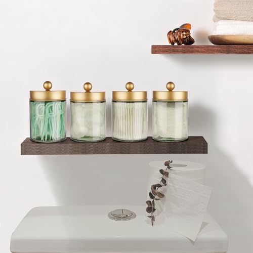 Amolliar Sage Green Apothecary Glass Jar With Metal Lid & Stickers, Bathroom Qtip Holder Storage Canister, Farmhouse Decor for Cotton Balls, Cotton Swabs, Round Pads, Bath Salt, Floss,Gold 4 Pack - color: Green-Gold Lid