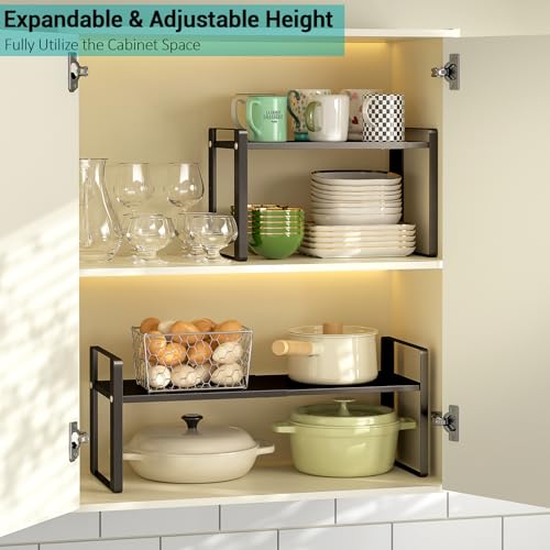 2 Pack Expandable Cabinet Organizer Shelves, 88lbs High Weight Capacity, Stackable Heavy-Duty Metal Storage Rack, Adjustable Cabinet Shelf for Kitchen, Pantry, Cupboard, Under Sink, Black - color: Black, size: 2 Pack