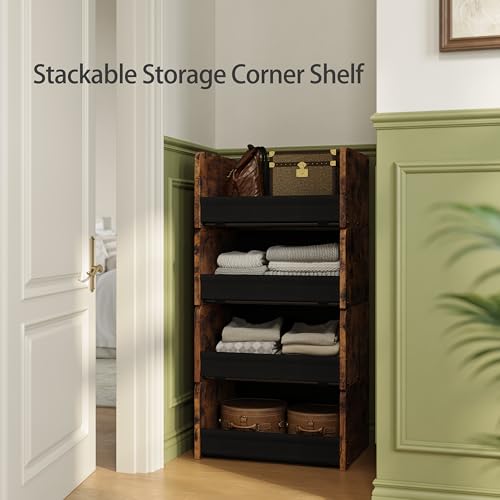 FOUCSSOMEI 2-Tier Stackable Closet Organizer and Storage Stackable Shelves – Heavy-Duty Darwers Wood & Metal, Easy Assembly, Space-Saving Vertical Storage for Bedroom, Closet, Patent Design - color: Rustic Brown, size: 2-Tier