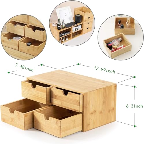 Wisuce Bamboo Desk Drawer Organizer, Desktop Organizer with Drawers Tabletop Storage Organization Box for Office Home Toiletries Supplies Vanity, No Assembly Required(4 Drawes) - style: 4 Drawes