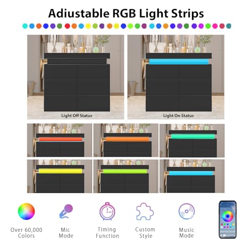 DreamDashio Modern 6 Drawer Dresser with Flip-Top Storage, Chest of Drawers for Closet with Floating LED Lights & Charging Station, Double Wide Drawer Organizer Cabinet for Bedroom, Living Room, Black - color: Black