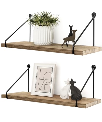 Afuly Floating Wall Shelves Rustic Wall Mounted Hanging Shelf Farmhouse Wall Bookshelf for Bathroom Kitchen Dining Living Room Wood Metal Organizers, Set of 2 - color: Brown & Black, size: 5.7"D x 16.5"W